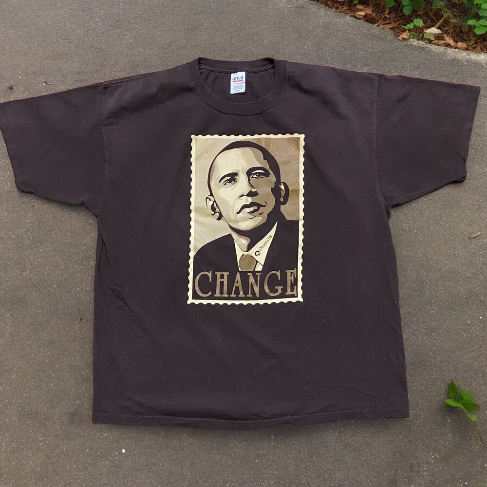 Anvil Vintage Barack Obama Change Stamp Logo Brown Cotton Shirt Men's Size XXL